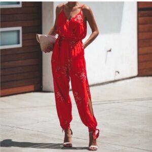 Vici red floral split leg jumpsuit